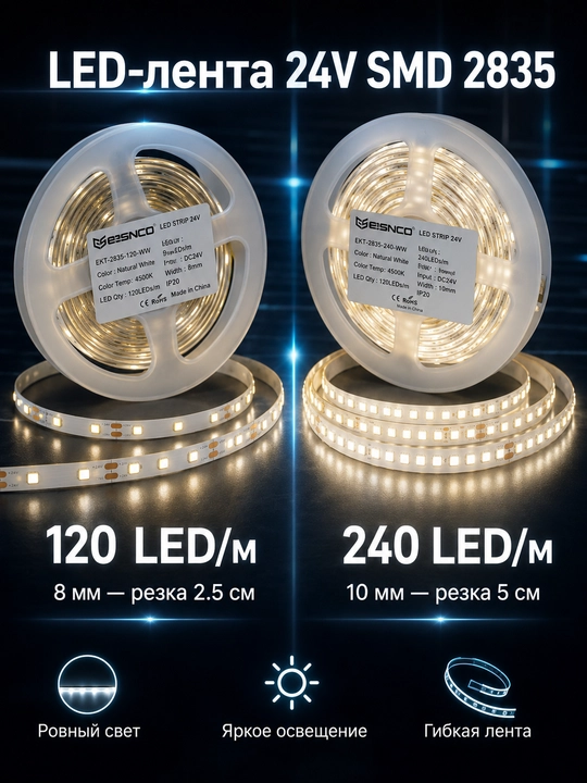 LED lenta 24V 5m SMD2835 120/240 LED 8mm 3 rang IP20/IP65 blokli yoki bloksiz