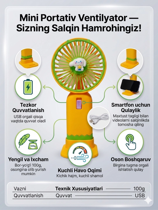 Mini ventilyatori, atareykada ishlaydi, USB bilan zaryadlanadi va telefon stendi - 