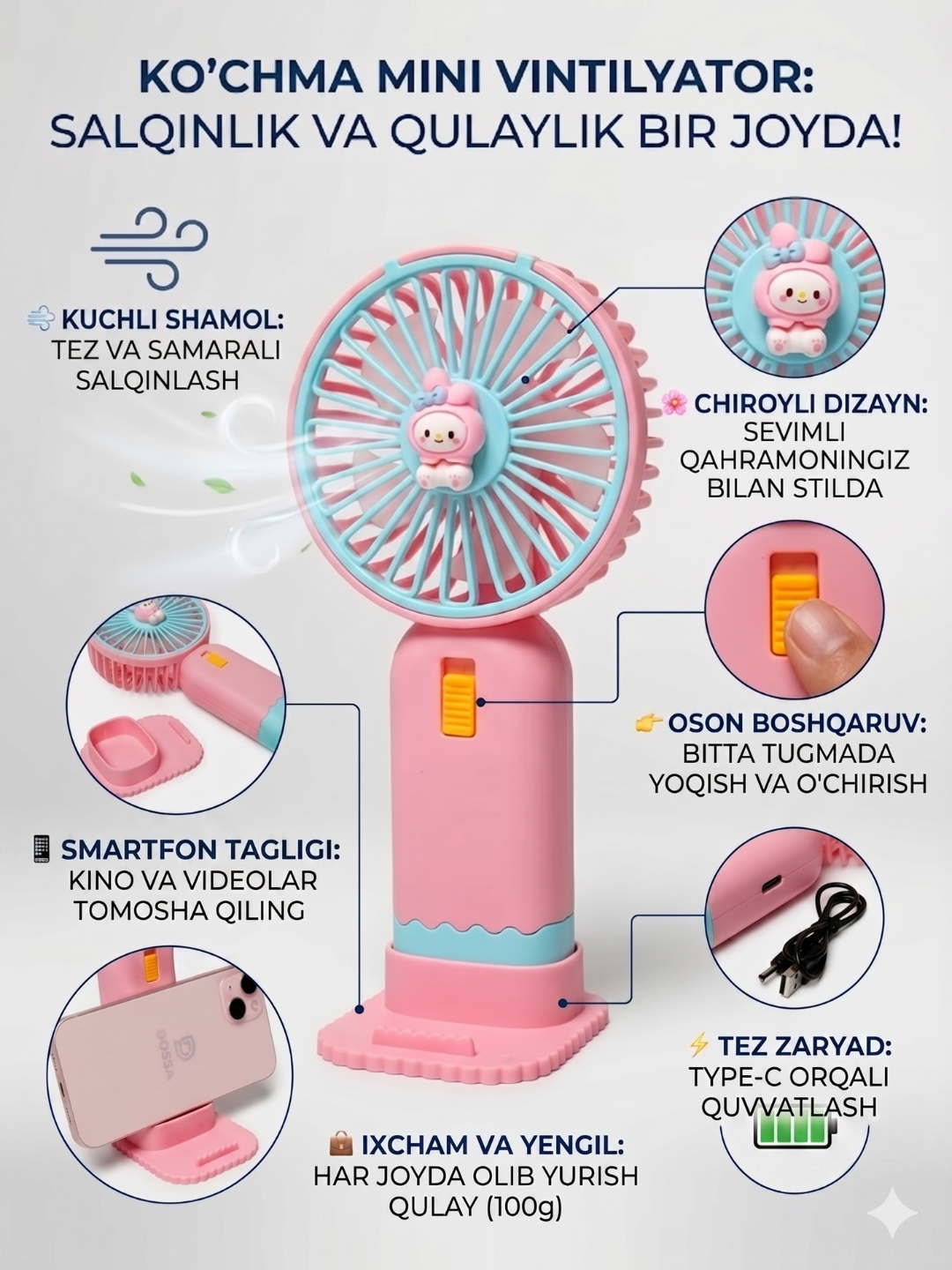 Mini ventilyatori, atareykada ishlaydi, USB bilan zaryadlanadi va telefon stendi - 
