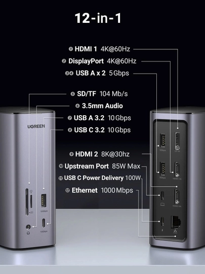 UGREEN 12-in-1 USB-C Docking Station, 8K HDMI, 4K 3xDisplay, 100W PD, RJ45, SD/TF, USB 3.2 2