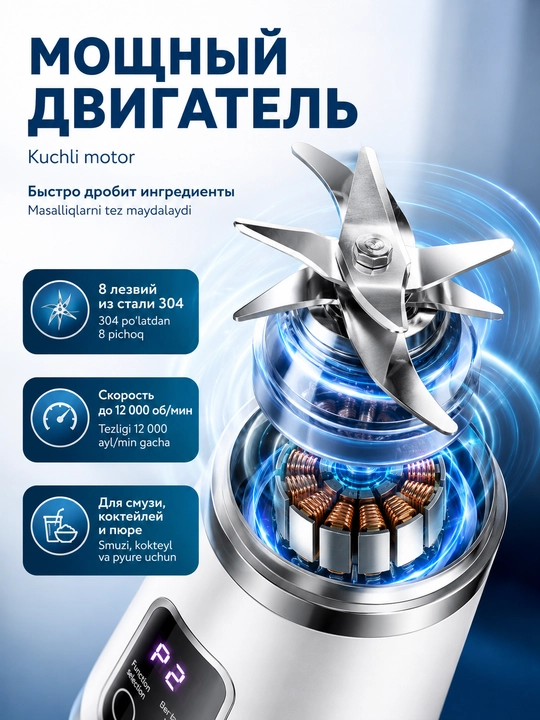 Simsiz portativ blender, sharbat chiqargich, 450 ml, USB Type-C, 3 rejim, 8 pichoq