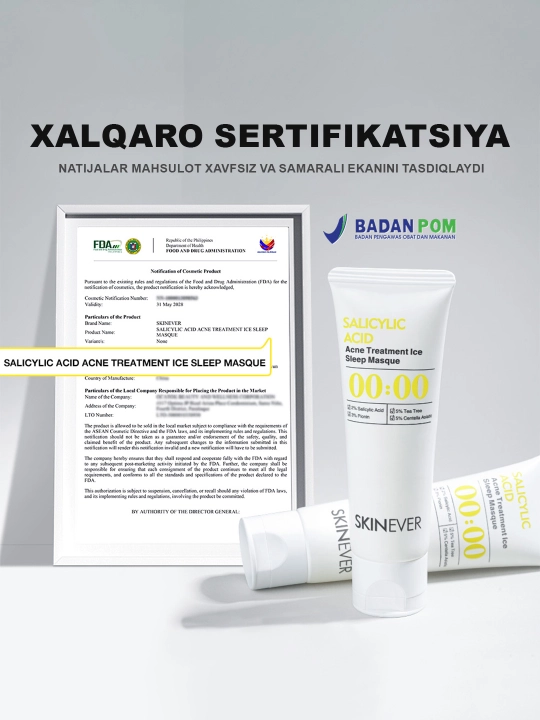 SKINEVER Akne va husnbuzarlarga qarshi tungi yuz niqobi, salitsil kislotasi bilan, 55 ml