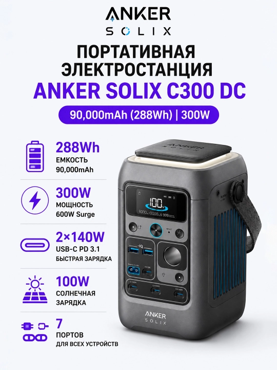 Портативная зарядная станция Anker SOLIX C300 DC 288Wh 300W 90000mAh LiFePO4 - 