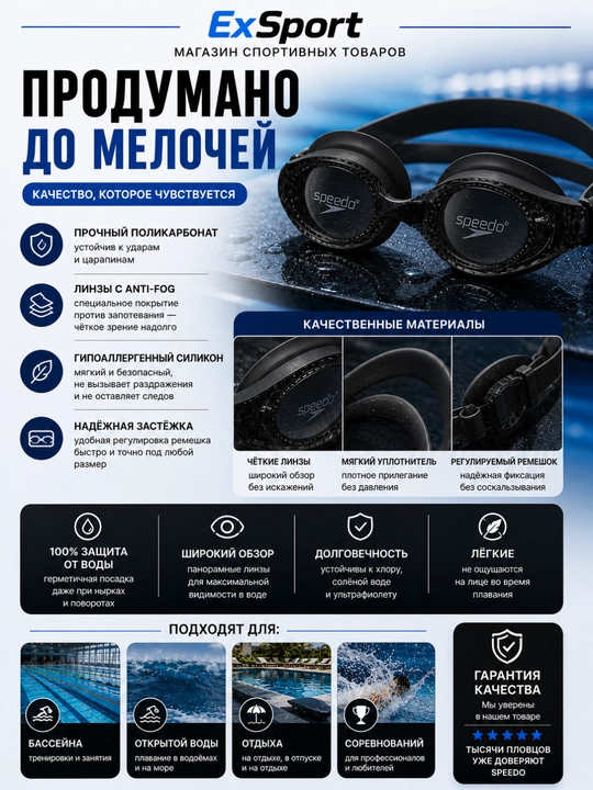 Очки для плавания антифог с регулировкой, герметичные, унисекс