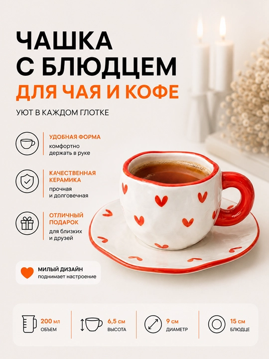 280 ml choy to'plami – likopchali krujka, choy va qahva uchun keramik chashka