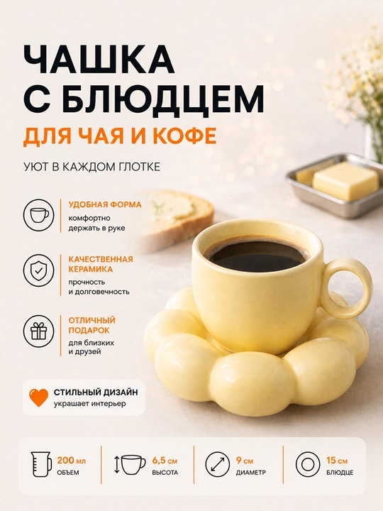 280 ml choy to'plami – likopchali krujka, choy va qahva uchun keramik chashka