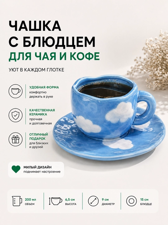 280 ml choy to'plami – likopchali krujka, choy va qahva uchun keramik chashka