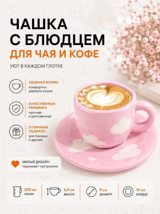 280 ml choy to'plami – likopchali krujka, choy va qahva uchun keramik chashka