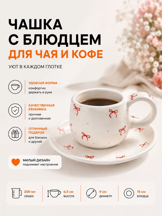 280 ml choy to'plami – likopchali krujka, choy va qahva uchun keramik chashka