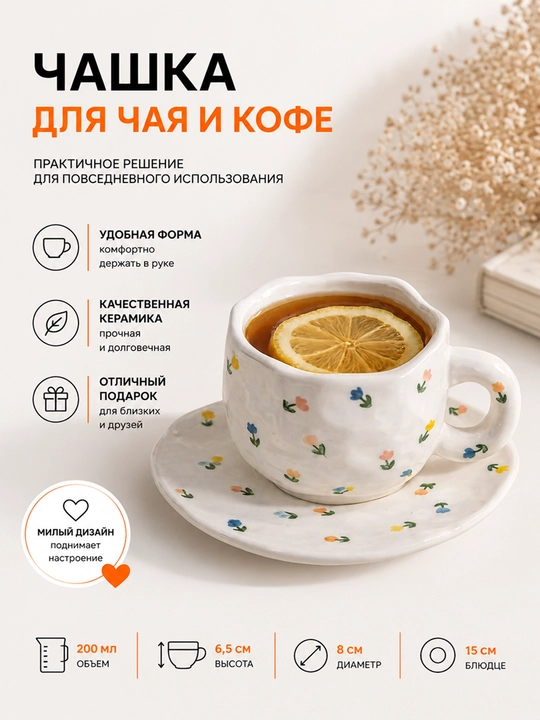 280 ml choy to'plami – likopchali krujka, choy va qahva uchun keramik chashka