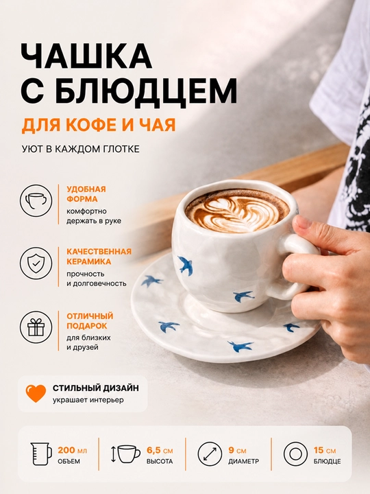 280 ml choy to'plami – likopchali krujka, choy va qahva uchun keramik chashka