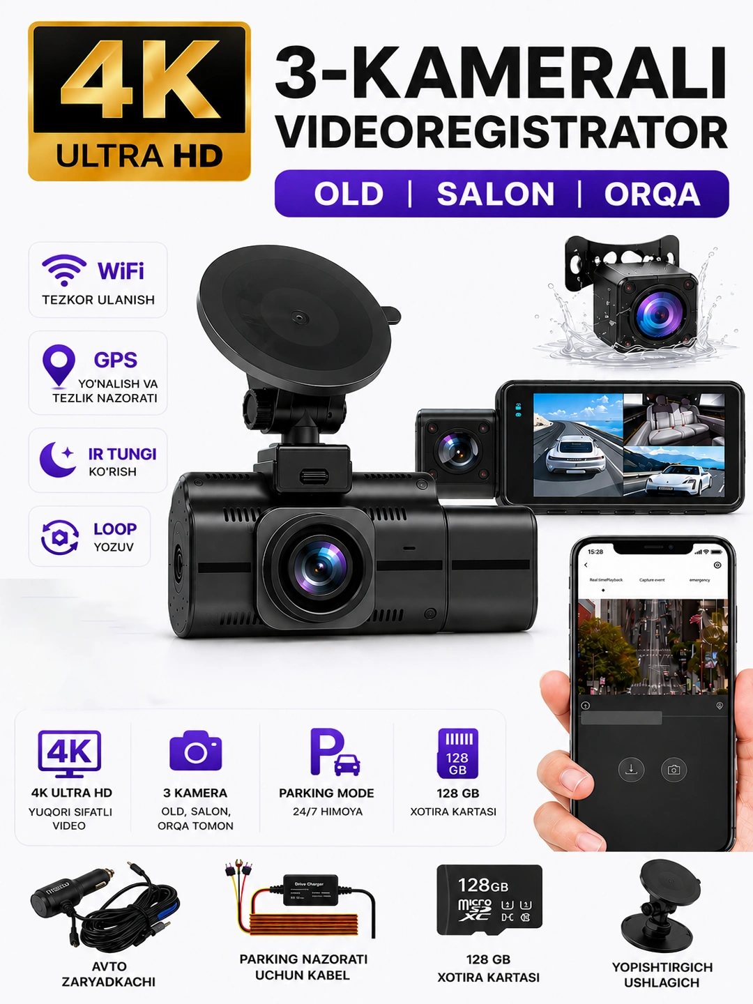 Videoregistrator 4K Ultra HD 128 Gb, 3-kamerali GPS, WiFi, parking nazorati 2