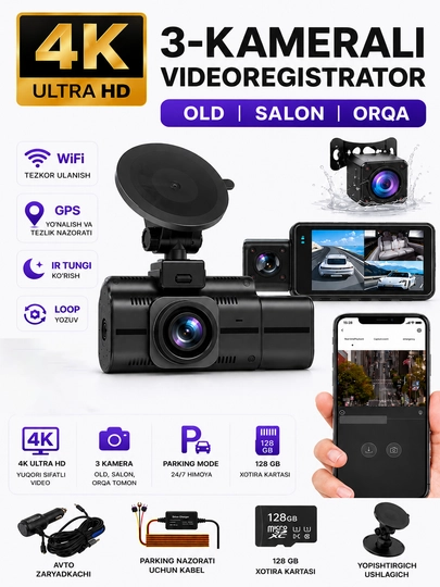 Videoregistrator 4K Ultra HD 128 Gb, 3-kamerali GPS, WiFi, parking nazorati 2