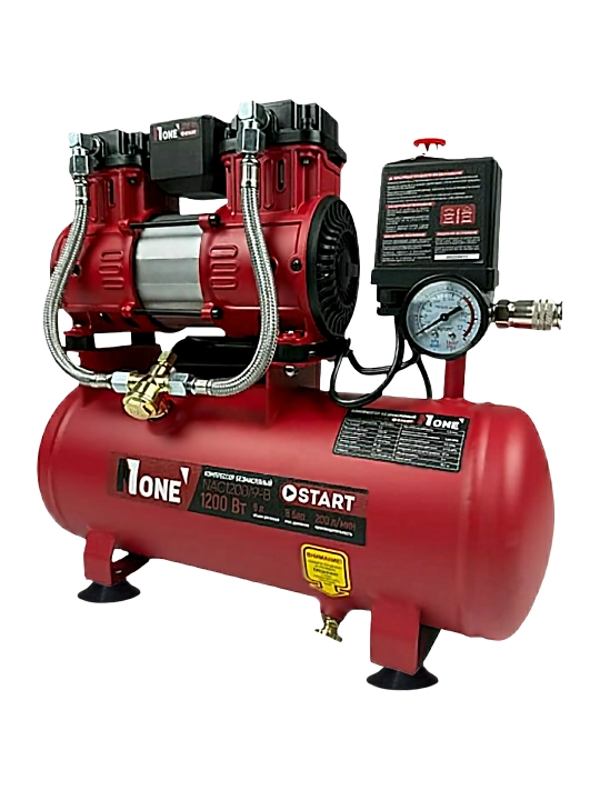 Yog'siz pas ovozli porshenli kompressor NUMBER ONE NAC1200/9-B, 1.2 kVt, 200 l/min, 9 L