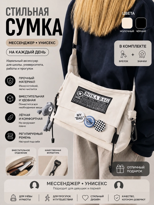 Сумка через плечо streetwear, шоппер унисекс с карманами + значки и брелок - 