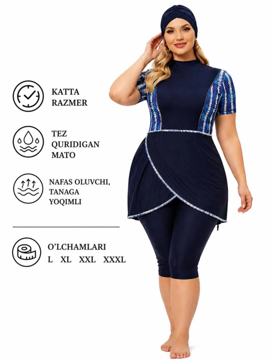 Женский закрытый купальник-платье большого размера – пляжная одежда, размеры 48–56 - 