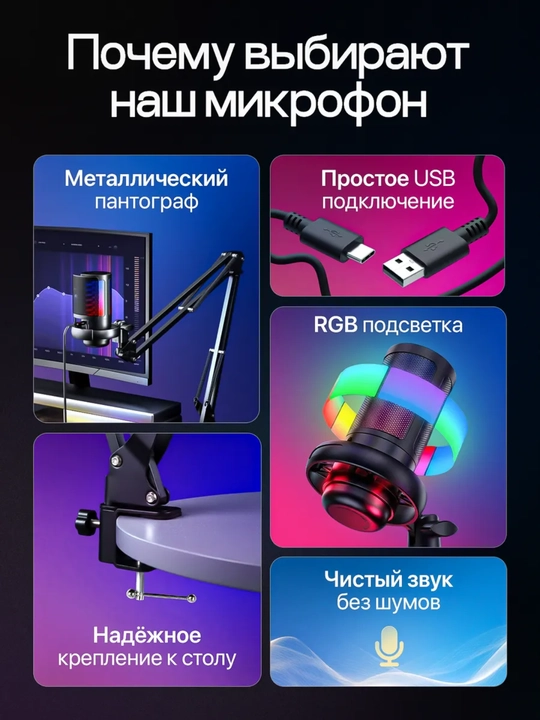 Микрофон конденсаторный игровой с подсветкой RGB с кронштейном, с поп-фильтром для стримов