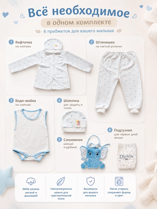 Комплект одежды для новорожденных 5 предметов, боди, шапочка, мягкий хлопок