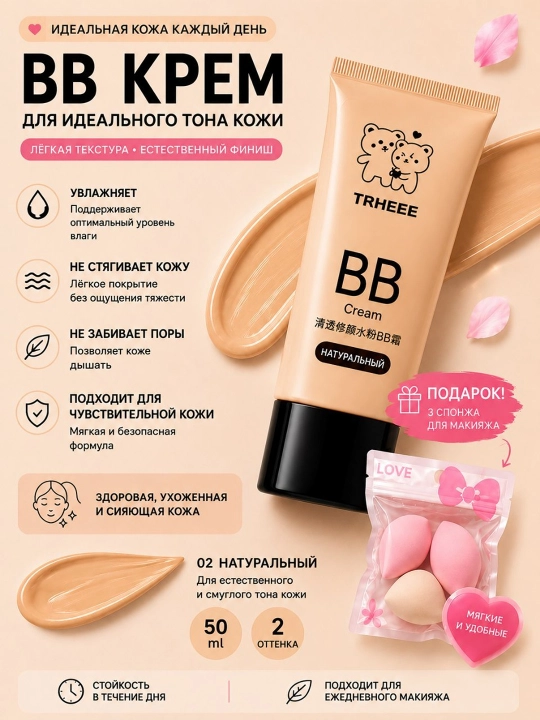 TRHEEE BB krem tonal namlovchi yuz kremi 50 ml + makiyaj gubkalari - 