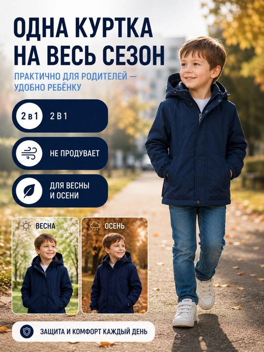 Детская ветровка 2 в 1 демисезонная с флисом, куртка с капюшоном, размеры 90–150
