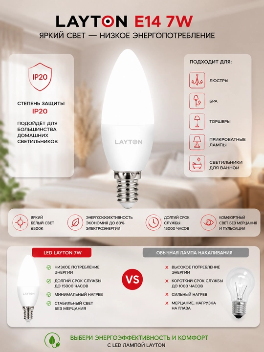 Led лампочка LAYTON E14 7W 6500K холодный свет энергосберегающая