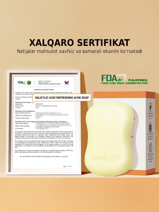 Yuz va tana uchun SKINEVER Salicylic Acid husnbuzar va akne sovuni, 80 g