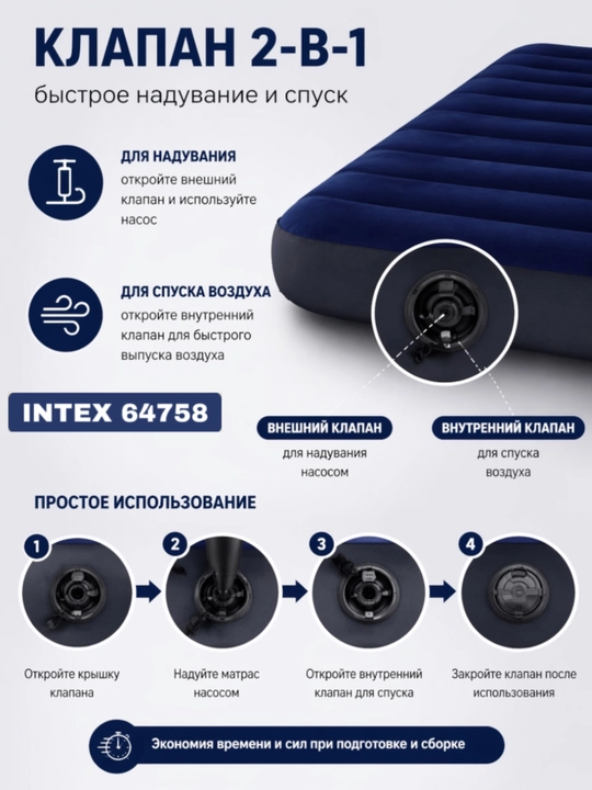 64758 Надувной матрас, 137х191х25 см, "Classic", до 272 кг