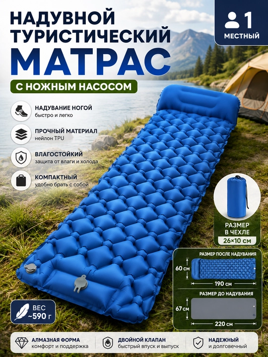 Надувной туристический матрас 1-местный с ножным насосом TPU - 