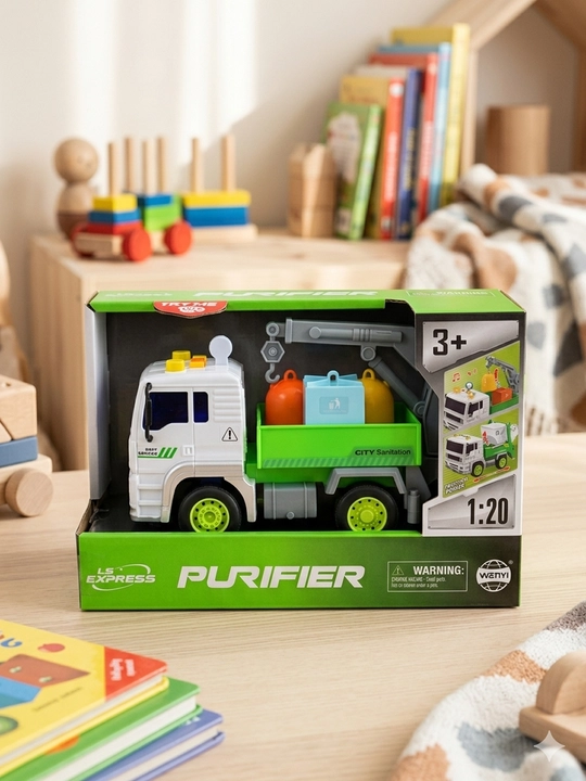 Мусоровоз инерционный Purifier 1:20, световые и звуковые эффекты, подвижный кран и баки - 