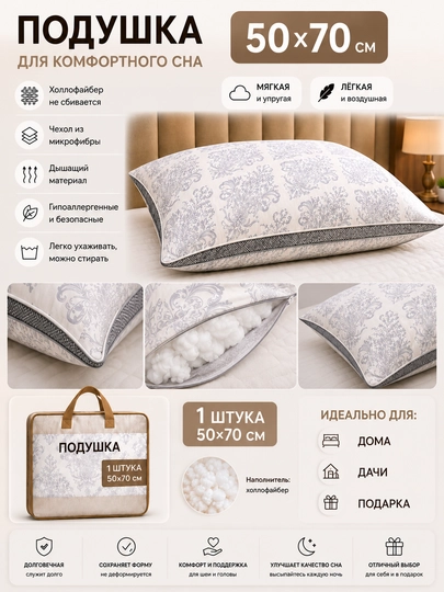 Ортопедическая подушка 50x70 — memory foam, для шеи, дышащий материал, для взрослых — OBOYCIT-YOSTIQ999-СЕРЫЙ