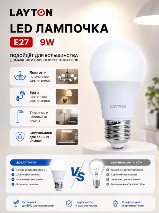 Лампа светодиодная LAYTON Е27 9W 6500K холодный свет энергосберегающая