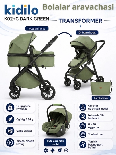 Детская коляска с большой сумкой, трансформер коляска — BABYMOM-K2KIDILO-ТЕМНЗЕЛ