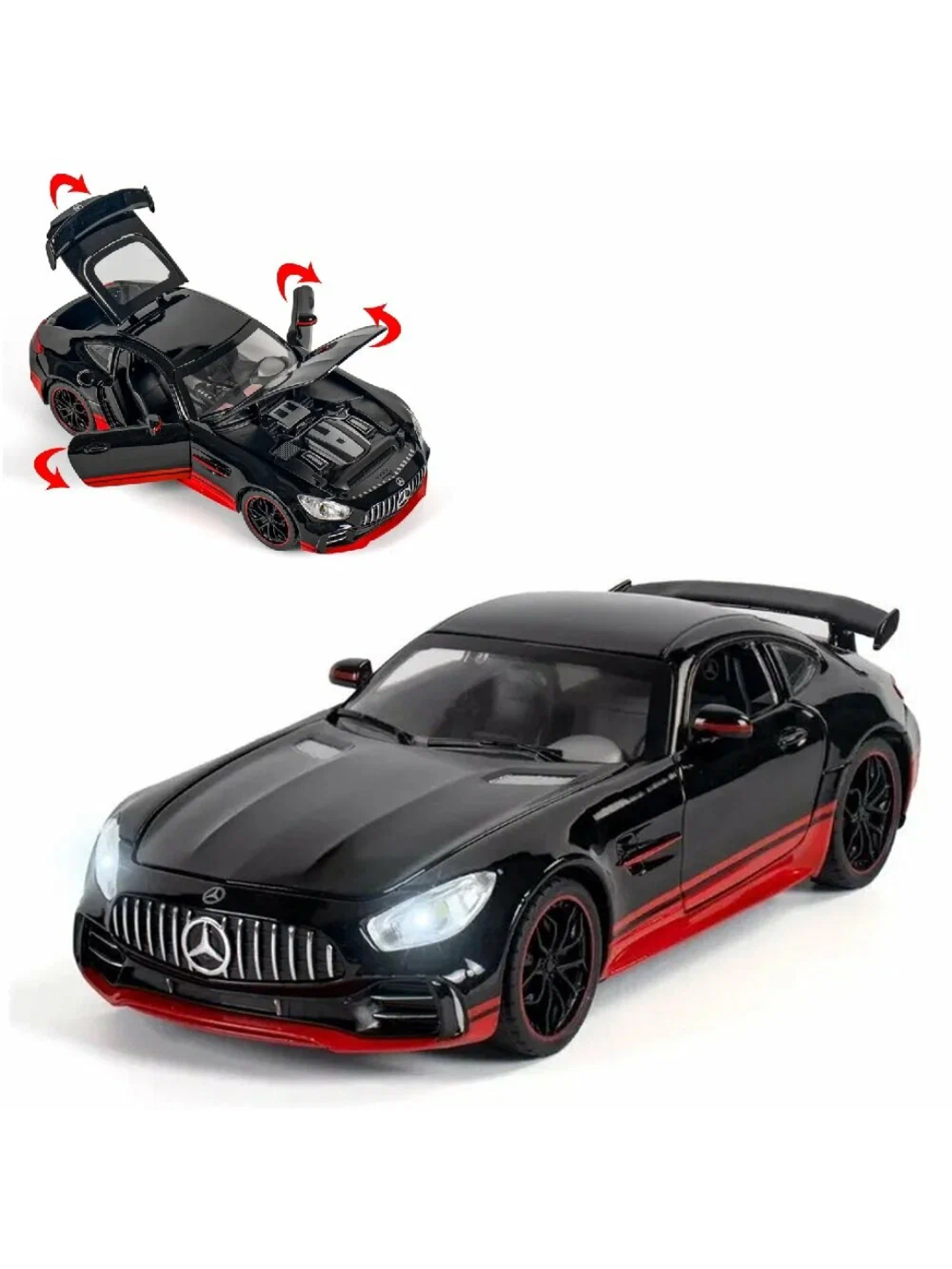 Mercedes-Benz AMG GT qora metall mashina, eshiklari ochiladi, yorug‘lik va ovozli diecast - 