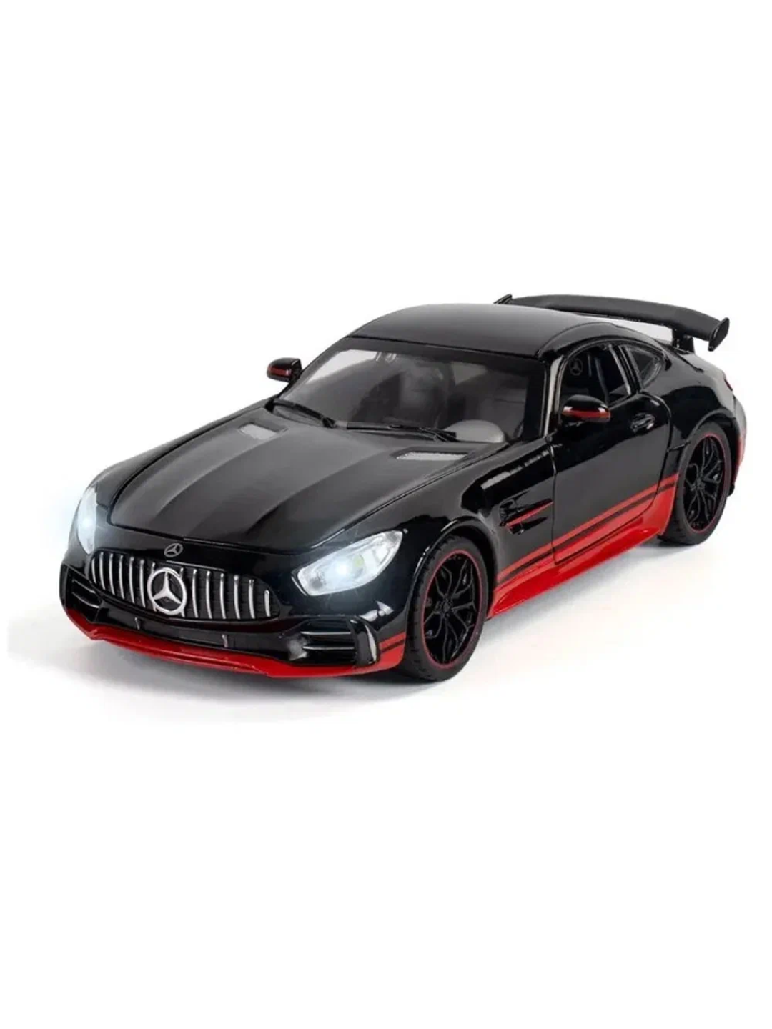 Mercedes-Benz AMG GT qora metall mashina, eshiklari ochiladi, yorug‘lik va ovozli diecast