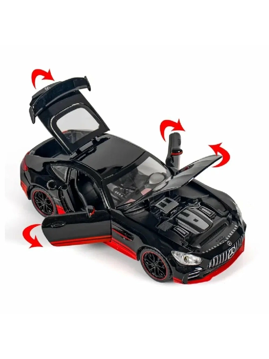 Mercedes-Benz AMG GT qora metall mashina, eshiklari ochiladi, yorug‘lik va ovozli diecast