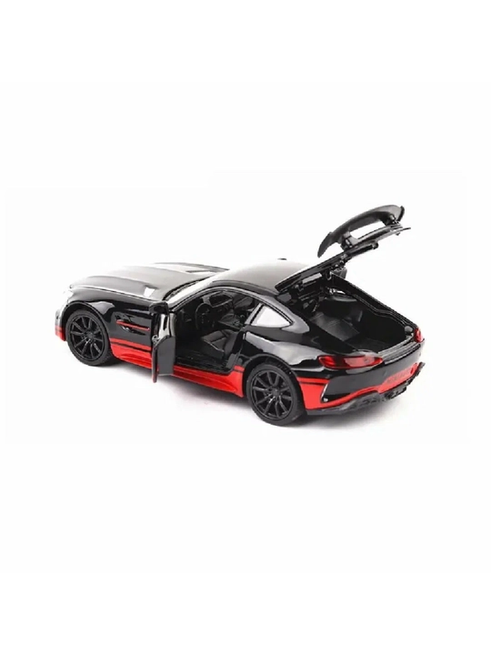 Mercedes-Benz AMG GT qora metall mashina, eshiklari ochiladi, yorug‘lik va ovozli diecast