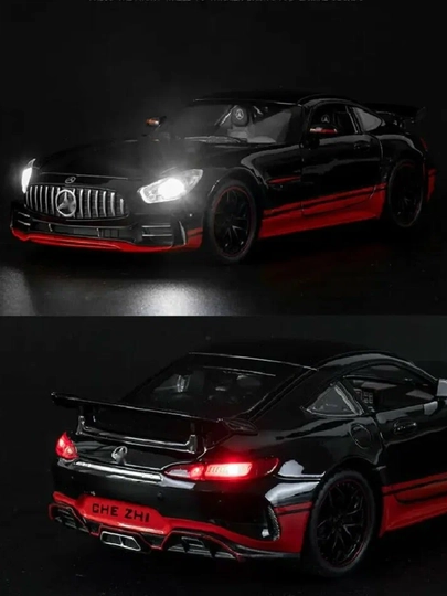 Mercedes-Benz AMG GT qora metall mashina, eshiklari ochiladi, yorug‘lik va ovozli diecast