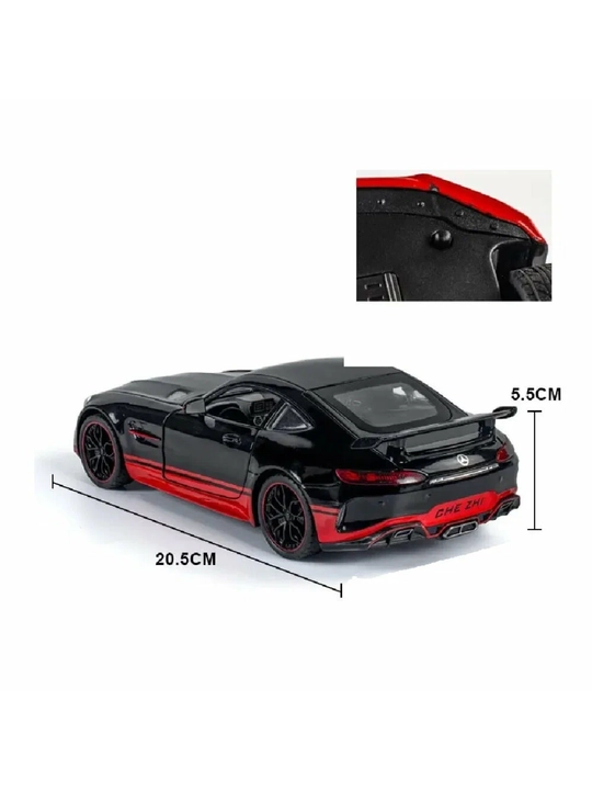 Mercedes-Benz AMG GT qora metall mashina, eshiklari ochiladi, yorug‘lik va ovozli diecast