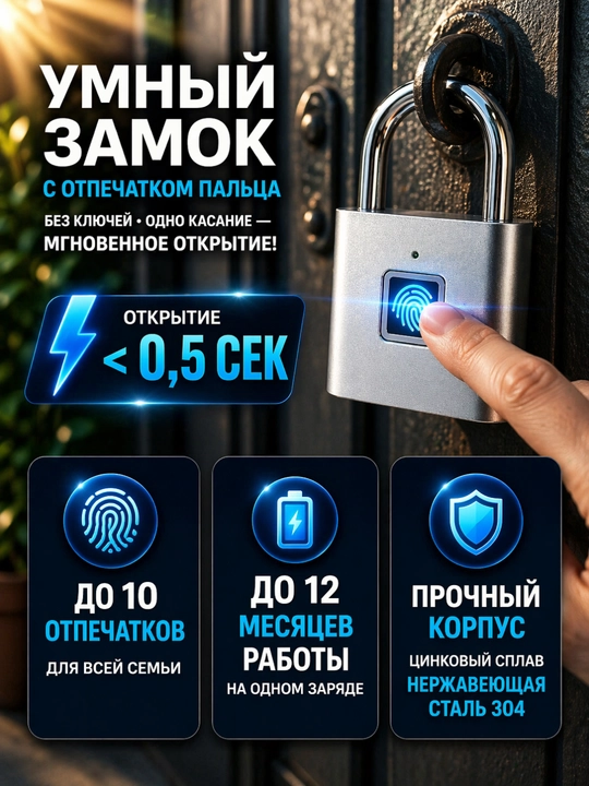 Умный замок с отпечатком пальца открытие за 0.5 секунды память на 10 отпечатков - 