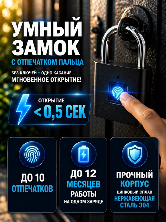 Умный замок с отпечатком пальца открытие за 0.5 секунды память на 10 отпечатков - 