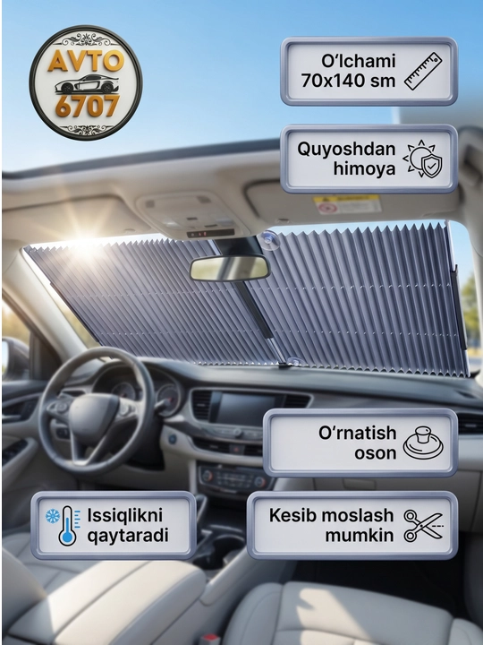 Quyoshdan himoya pardasi avtomobil uchun, 70x140 sm, universal jalyuzi
