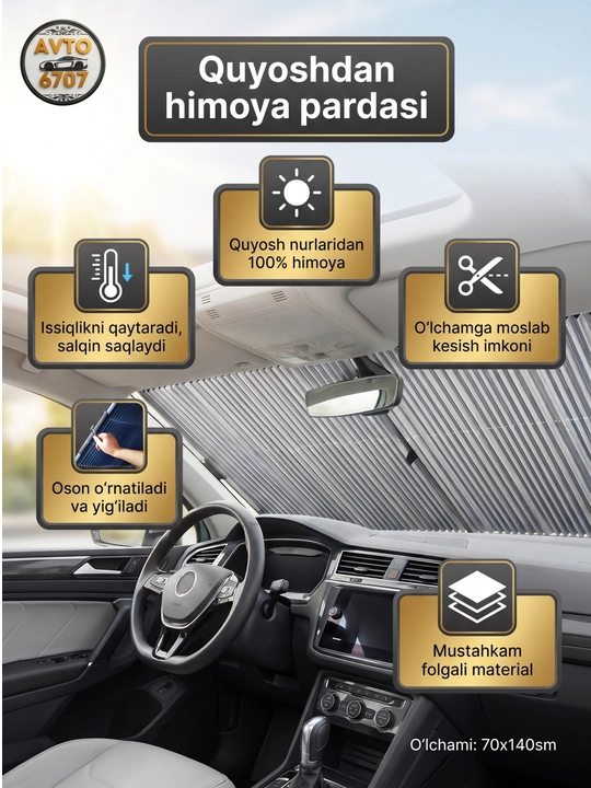 Quyoshdan himoya pardasi avtomobil uchun, 70x140 sm, universal jalyuzi