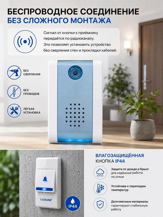 Simsiz eshik qo‘ng‘irog‘i Luckarm 002, kuchli signal, oson o‘rnatish