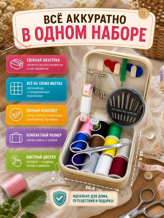 Мини Швейный набор, ножницы, сантиметровая лента, нитки, иголки, шило и наперсток