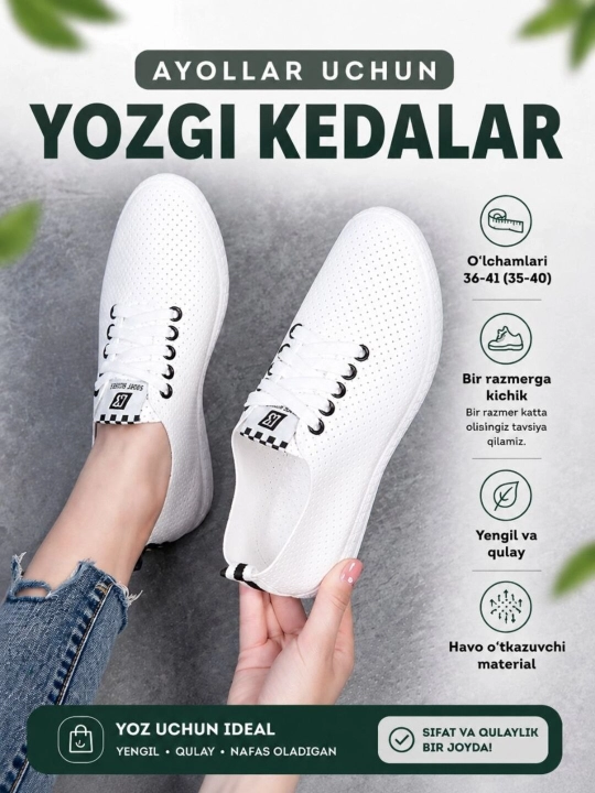 Ayollar uchun keda, qulay va yengil kundalik oyoq kiyim, 36-41, 1 o'lcham katta oling