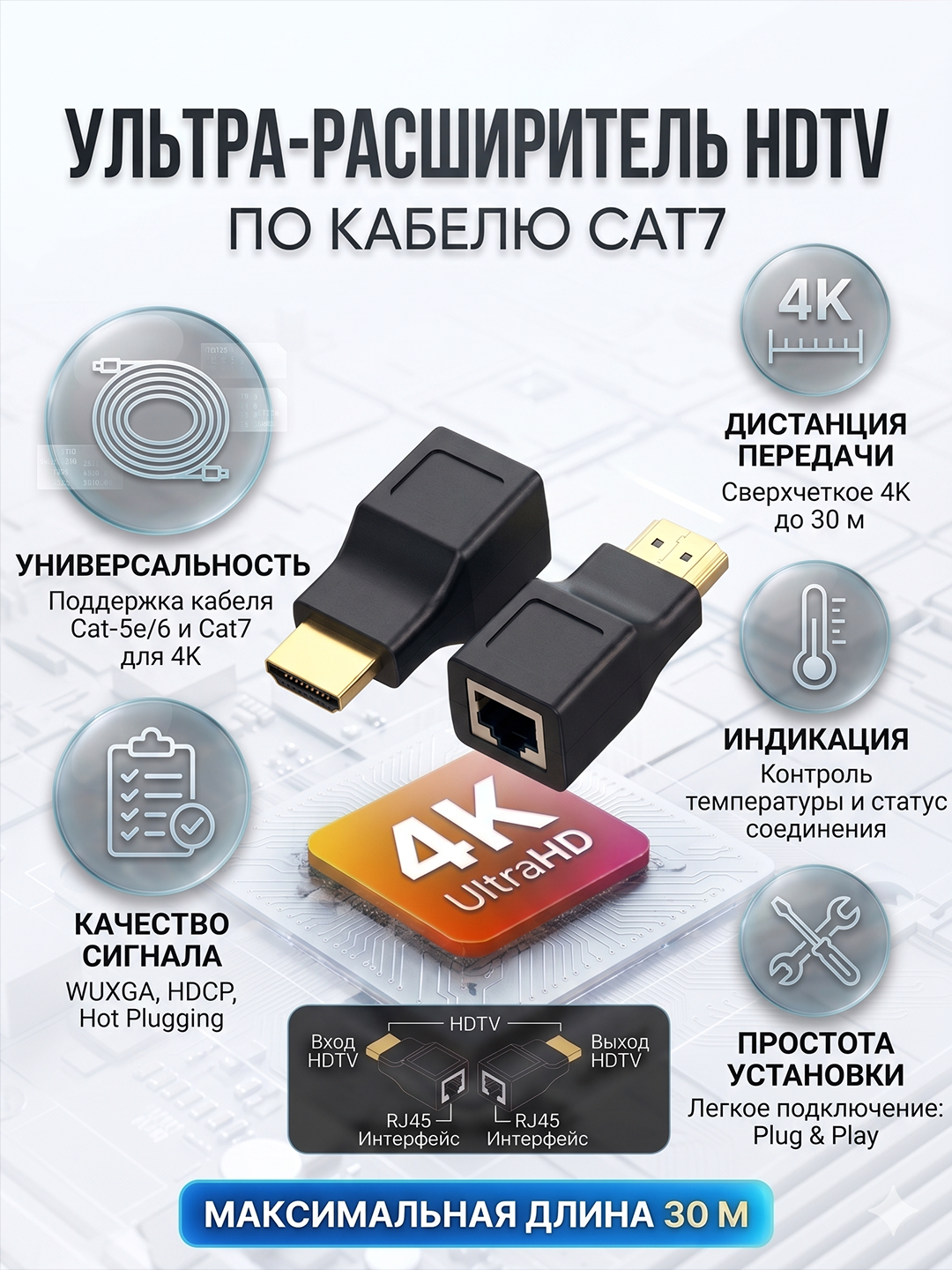 HDTV 60m Extender по кабелю Cat-5e/6 Удлинитель HDMI сигнала (Extender) - 