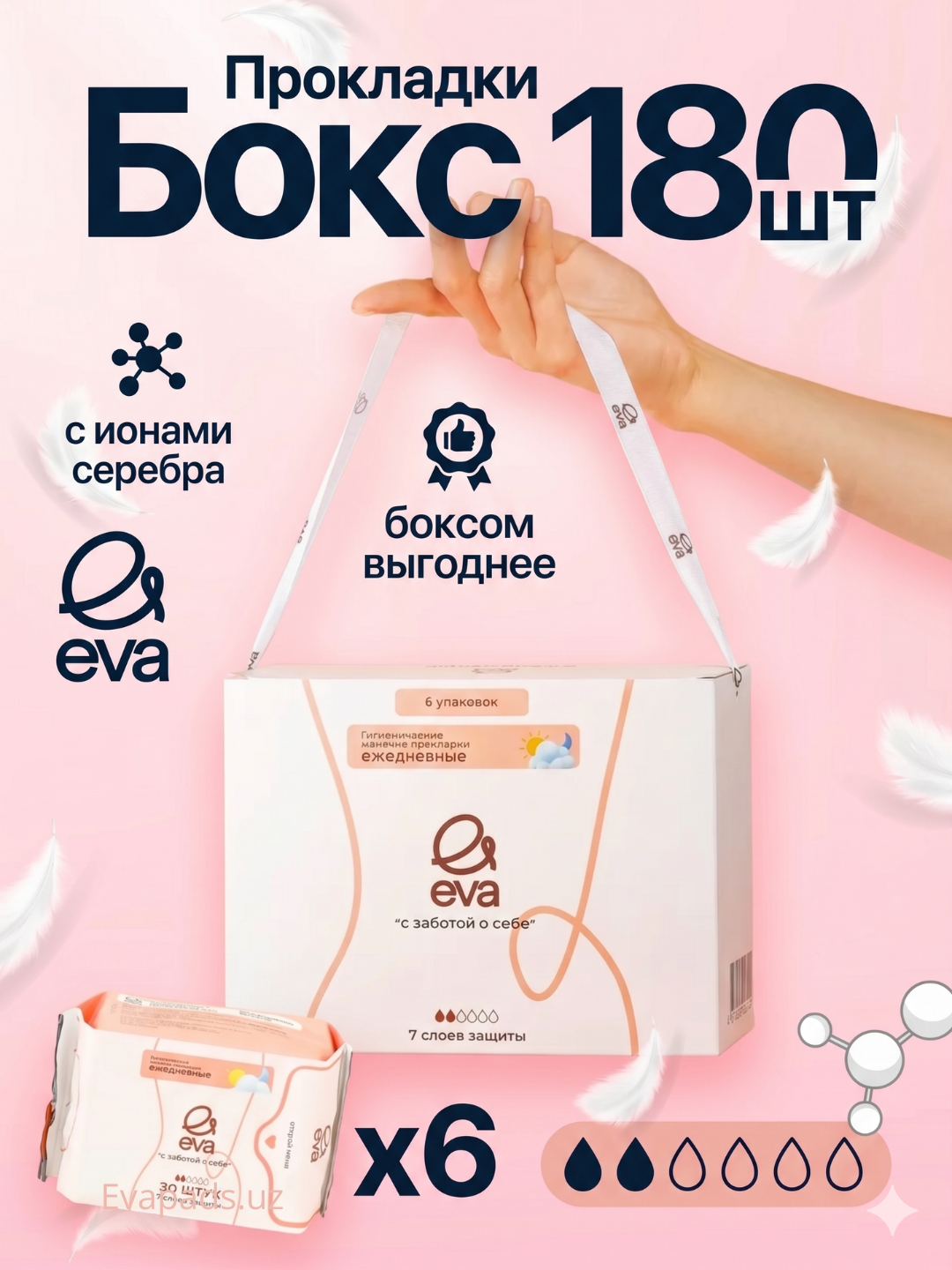 Ayollar uchun kundalik gigiyenik prokladkalar EVA, 30 - 180 dona, ultrayupqa, gipoallergen - 