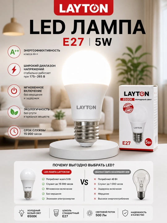 Led lampa LAYTON E27 5W sovuq nur 6500K A++