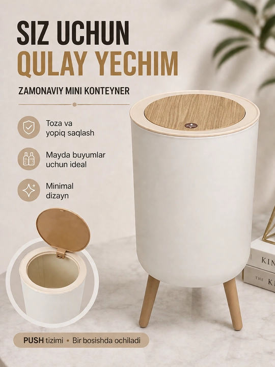 Mini axlat qutisi oyoqli, push qopqoqli zamonaviy chiqindi qutisi, hammom va oshxona uchun