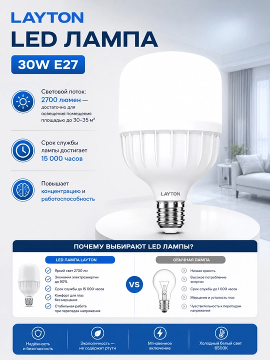 LED лампа LAYTON 30W E27 6500K 2700 Lm, холодный свет, энергосберегающая